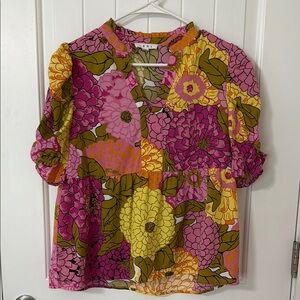 THML Pink Puff Sleeve Blouse with Mandarin Collar